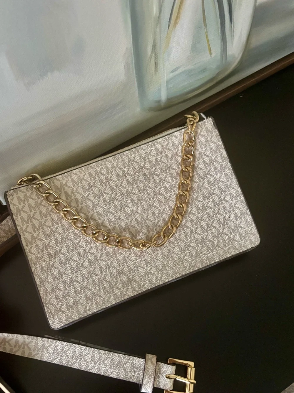 Michael Kors Beige Logo Belt Bag with Gold Chain